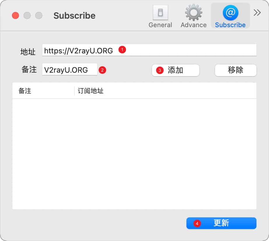 V2rayU 添加订阅连接